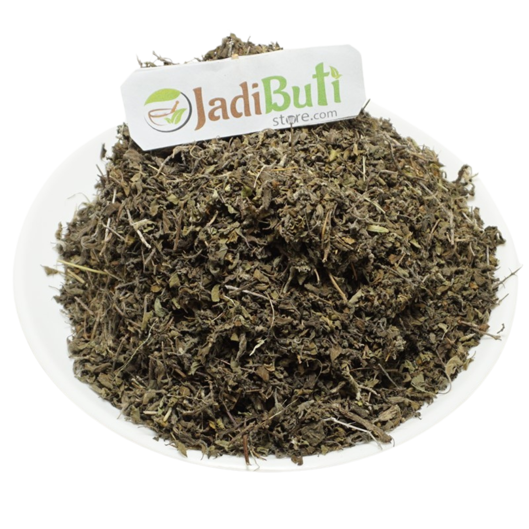 Tulsi Patta dried leaf and stem fragments on a white plate — Jadibuti Store