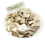 Vidari Kand dried root pieces on a white plate with Jadibuti Store card